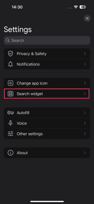 Tapping o "Search widget" option in Google Discovery Settings on iPhone. 
