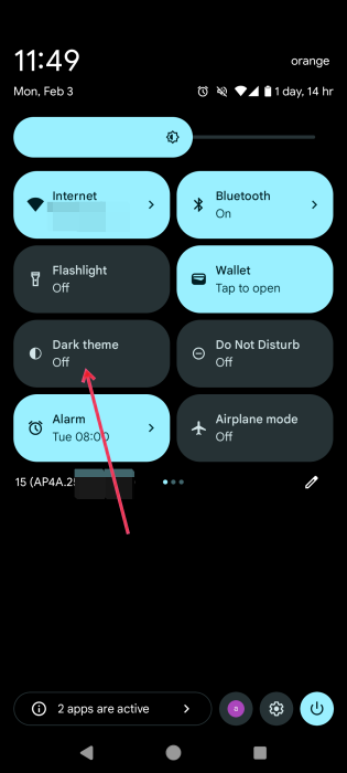 Turning on "Dark theme" option in Quick Settings on Android. 