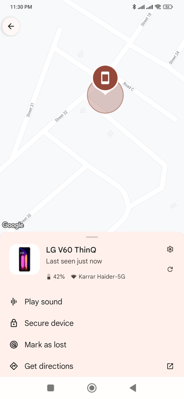 Google Find My App showing device location