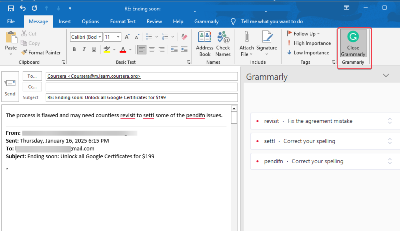 It shows how Grammarly is used in Outlook.