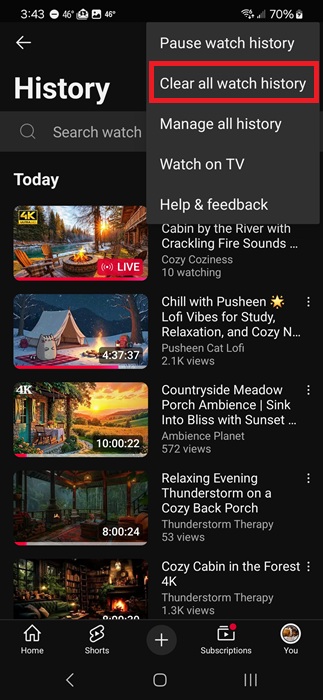 Clearing watch history on YouTube mobile.