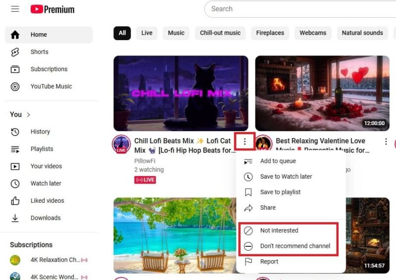 Telling YouTube not to recommend a video.