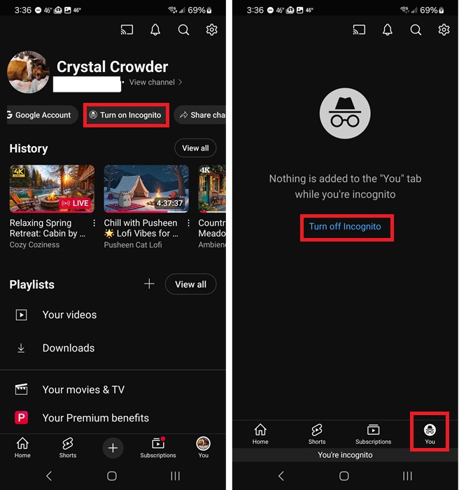 Using Incognito to improve YouTube recommendations.
