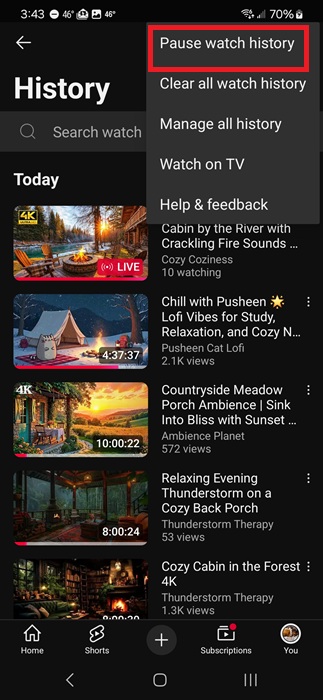 Pausing YouTube watch history on mobile.