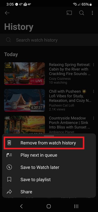 Removing a video from YouTube watch history.