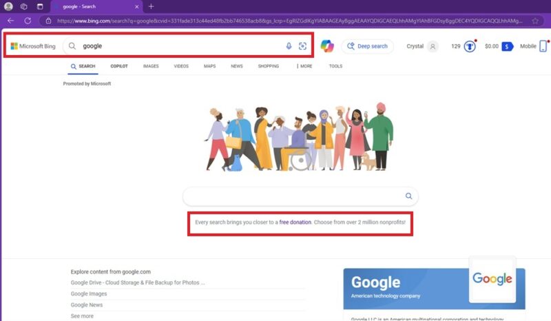 Signs on Bing's search page.