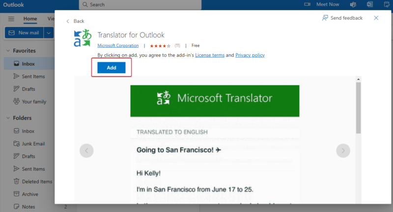 Adding the Microsoft Translator for Outlook in the Office store.