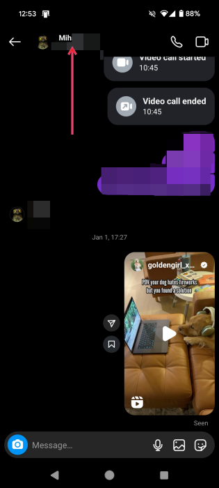 Tapping account name in Instagram DM at the top. 