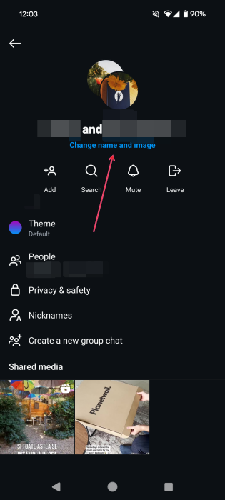 Tapping on the "Change name and image" option in Instagram group discussion. 