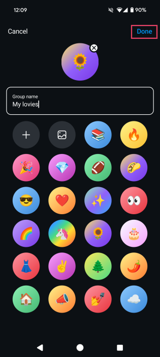 Adding new image and name for group on Instagram on mobile. 