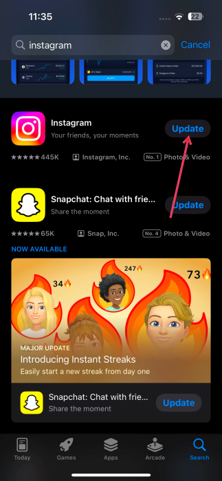 Pressing Update button for Instagram app in App Store on iPhone.