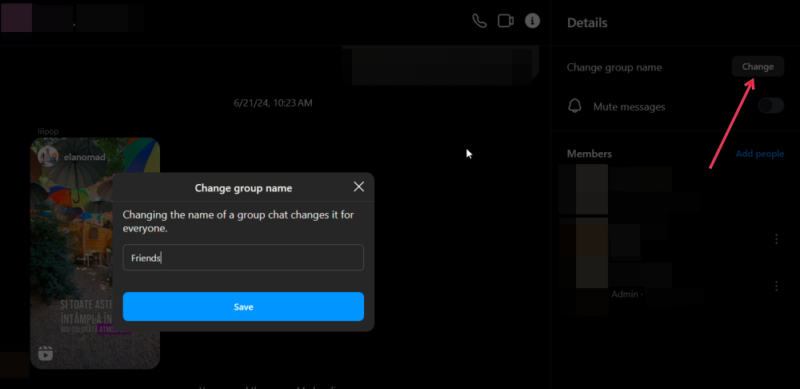 Changing group name on Instagram on PC.
