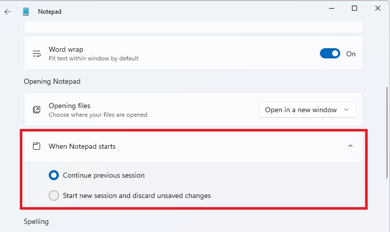 Choosing what happens when Notepad starts.