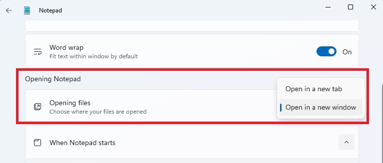 Choose what happens when you open new Notepad files.