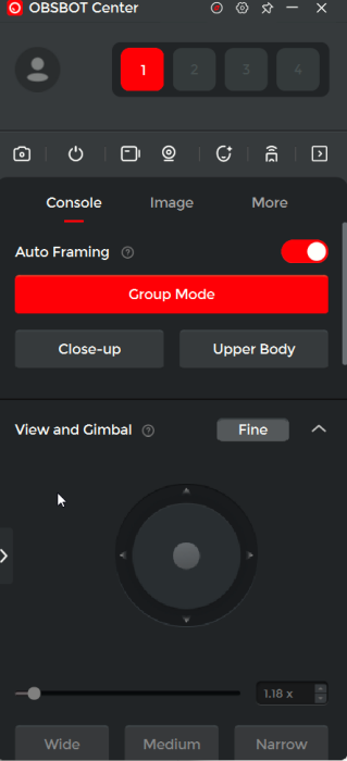 Auto Framing options in Obsbot Center app.
