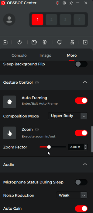 Gesture Control options in Obsbot Center app.