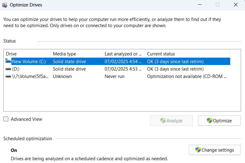 Optimize Drives showing list of available drives