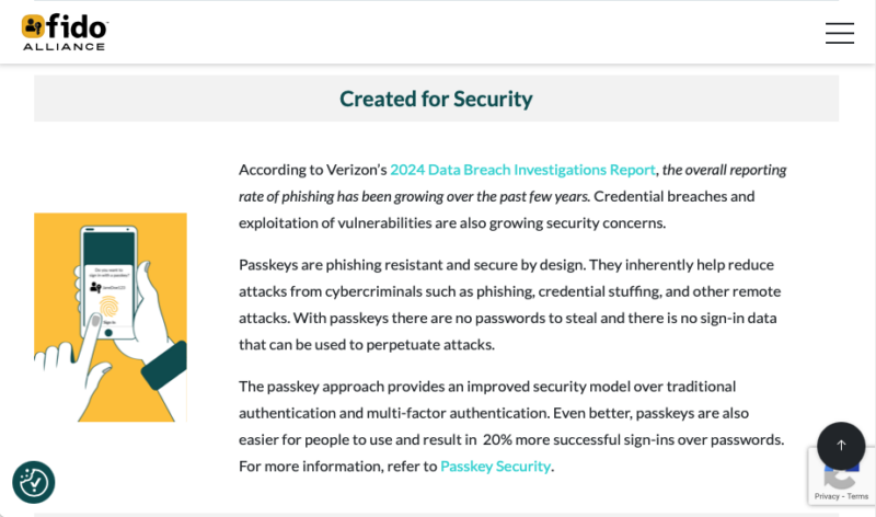 A screenshot showing the FIDO Alliance's webpage on Passkeys.