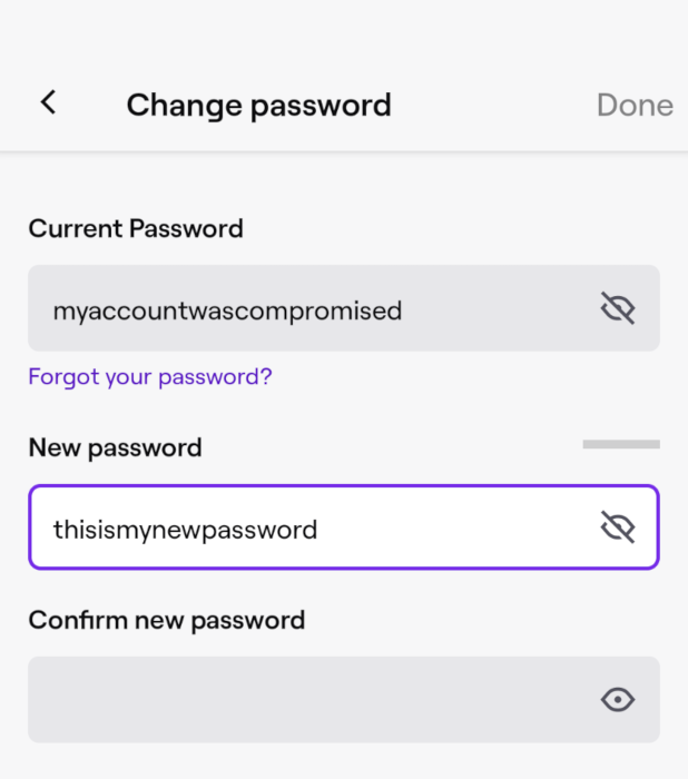 A screenshot showing the password change prompt for the Twitch app for Android.