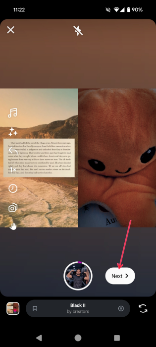 Pressing Next button to continue to editing Reel Remix in Instagram app.