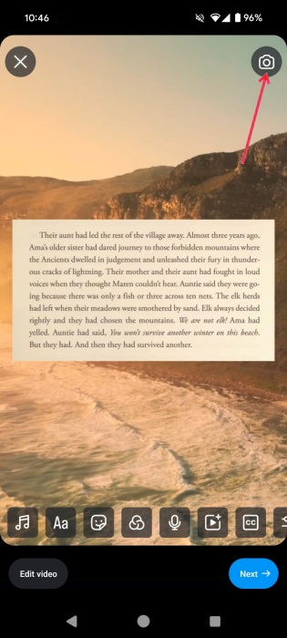 Tapping Camera icon in Instagram Reels.