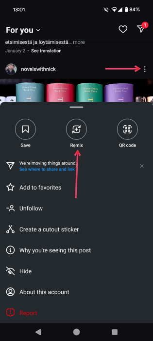 Pressing the Remix button for post in Instagram feed.