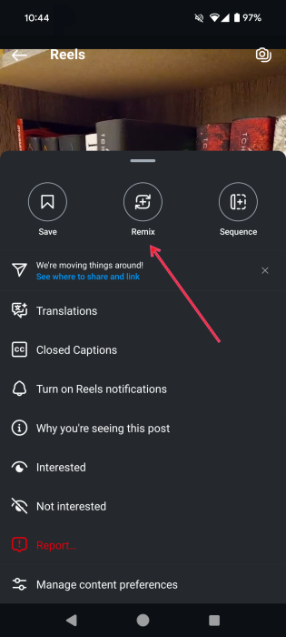 Tapping Remix button for Instagram Reel.