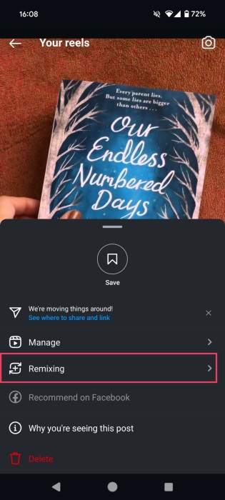 Selecting "Remixing" option for Instagram Reel.