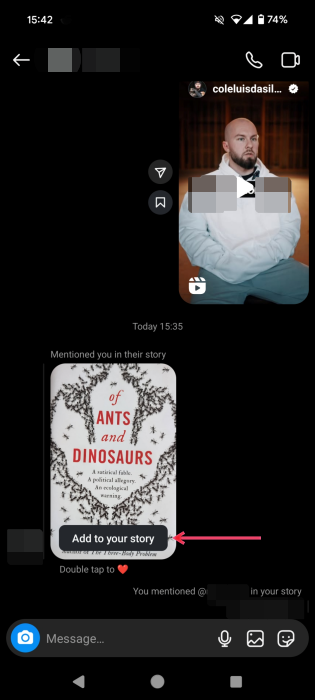 Pressing "Add to your story button" in Instagram DMs.