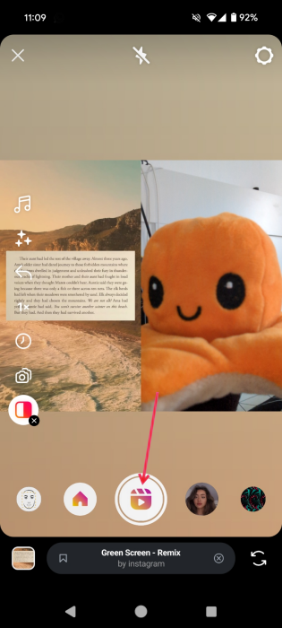 Pressing record button to start shooting own response for Instagram Reel.