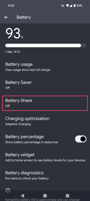 Selecting "Battery Share" option in Android Battery Settings. 