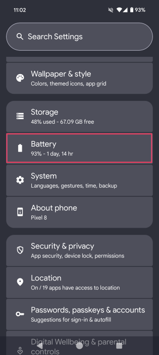 Tapping on Battery option in Android Settings.