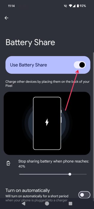 Turning on "Use Battery Share" toggle in Android Settings. 