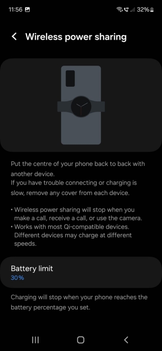 Setting battery limit for Wireless power sharing option on Samsung phone. 