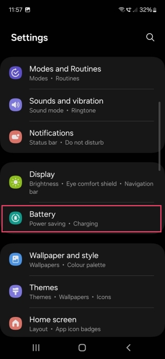 Selecting "Battery" option in Samsung phone Settings. 