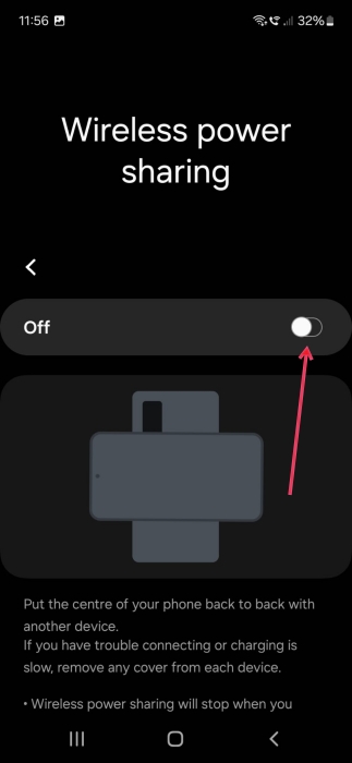 Turning on feature for reverse charging on Samsung phone. 