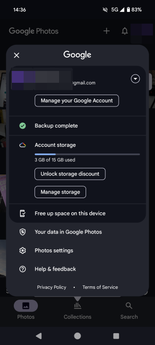 Backup option showed as on in Google Photos.