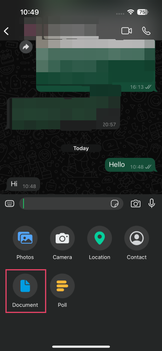 Selecting "Document" option in WhatsApp Chat on iPhone.