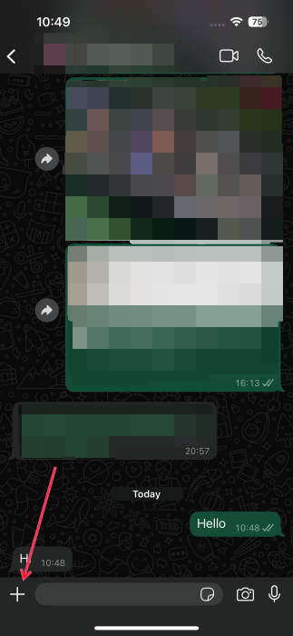 Tapping plus button in WhatsApp chat on iPhone.