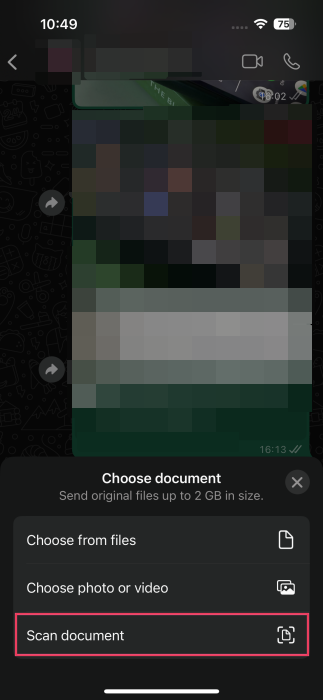 Tapping on "Scan document" option in WhatsApp on iPhone. 