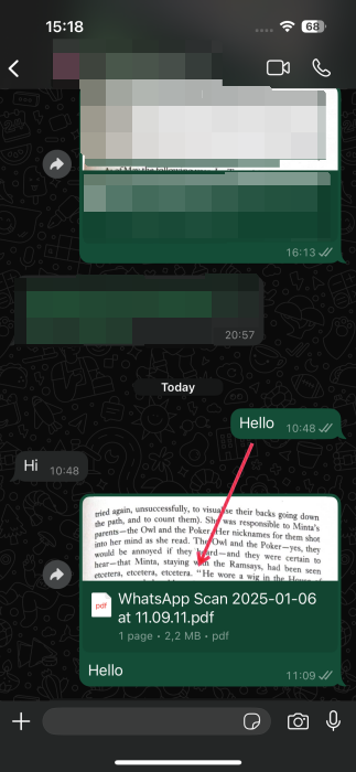 Tapping on scan to open via WhatsApp on iPhone.