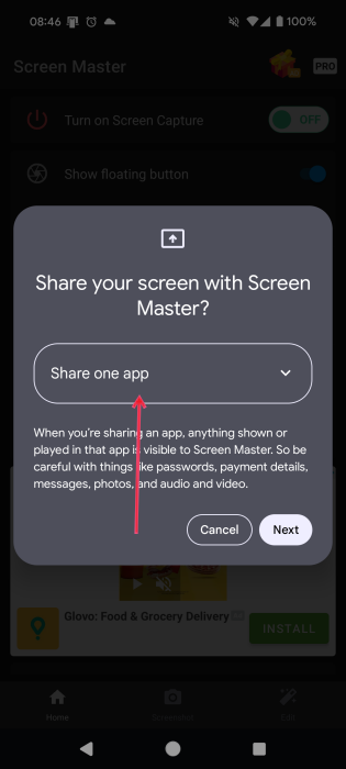 Pressing on "Share one app" button in Screen Master app.