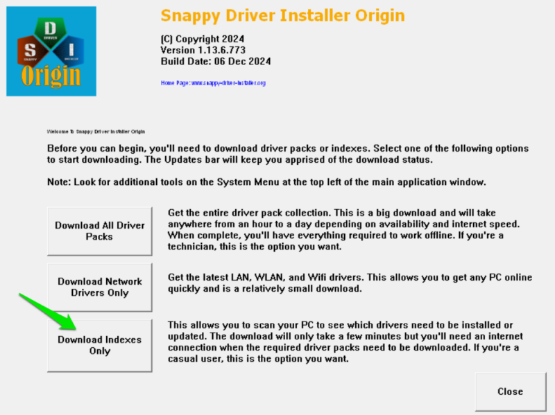 SDI Origin Download Indexes button