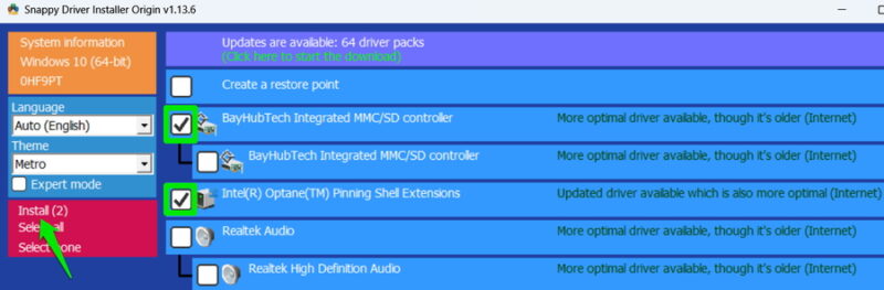 SDI Origin showing drivers to update