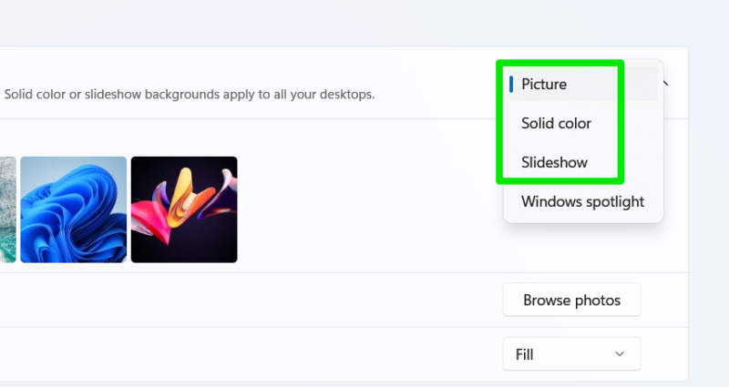 Windows background personalization options