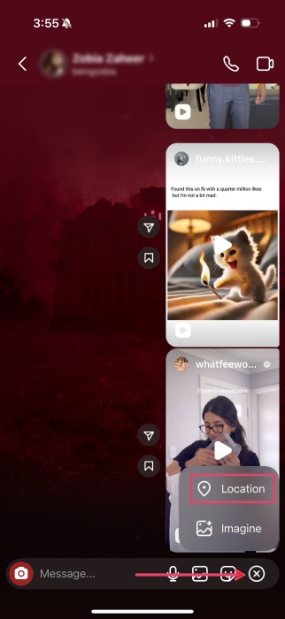 Selecting Location option in Instagram Direct Message. 