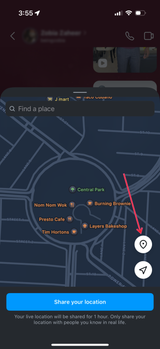 Selecting the "Pin" button in Location screen in Instagram DMs.