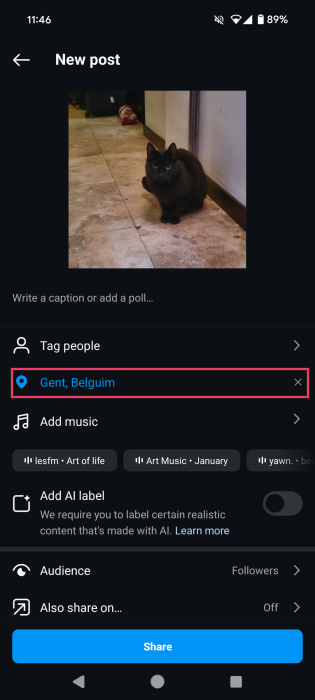 Location added to Instagram post about to go live. 