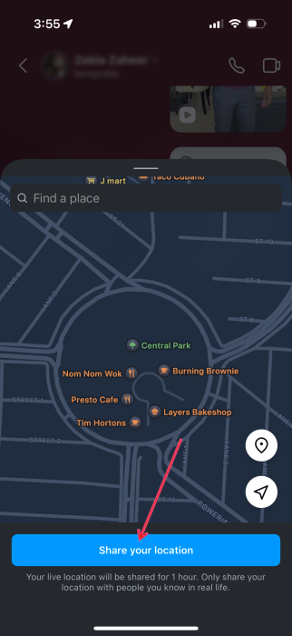Pressing button to "Share your location" in Instagram DMs. 