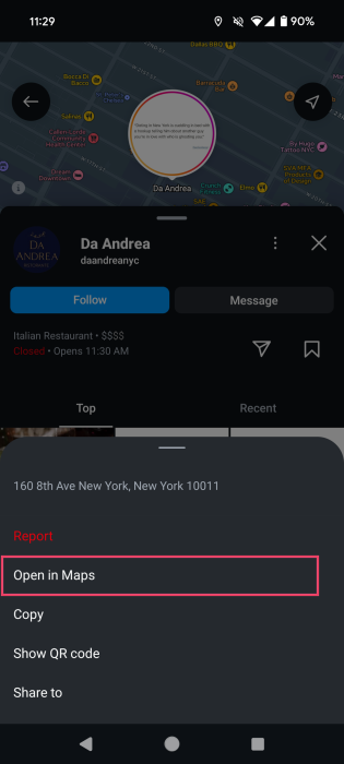Using "Open in Maps" option for place on Instagram to view directions. 